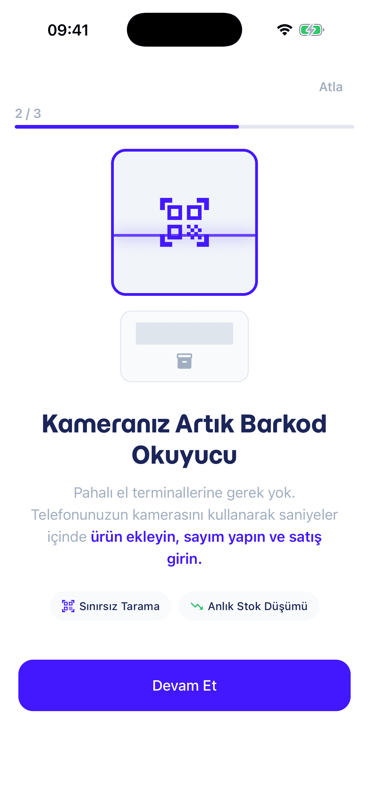 Uygulamanın karşılama ekranı: Kameranız artık barkod okuyucu, pahalı el terminallerine gerek yok