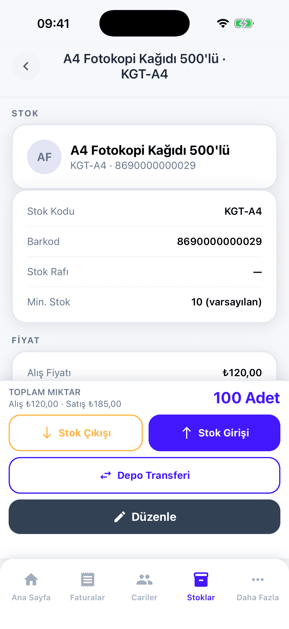 Uygulamada stok kartı: stok kodu, barkod, raf, minimum stok, fiyat, toplam miktar ve stok girişi, çıkışı, depo transferi düğmeleri